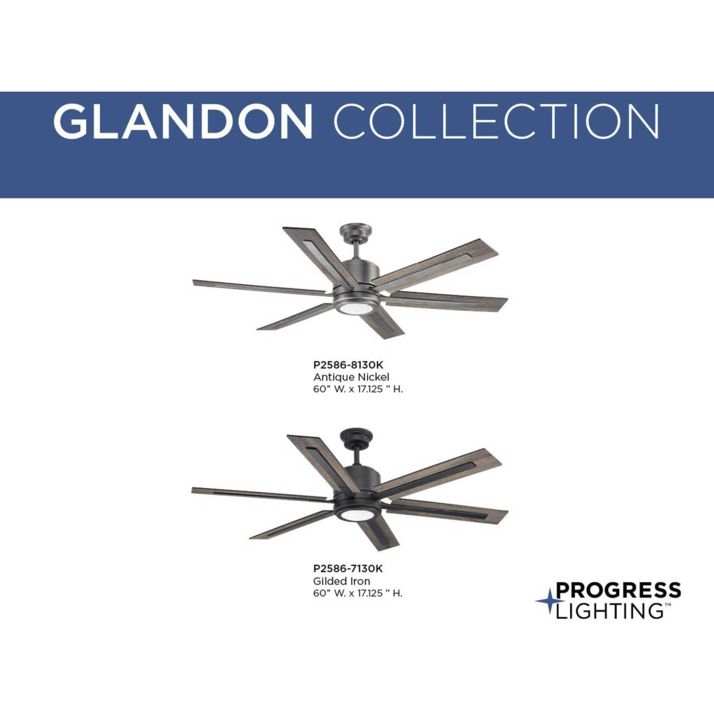 Glandon 60 inch Antique Nickel with Walnut/Driftwood Blades Ceiling Fan, Progress LED
